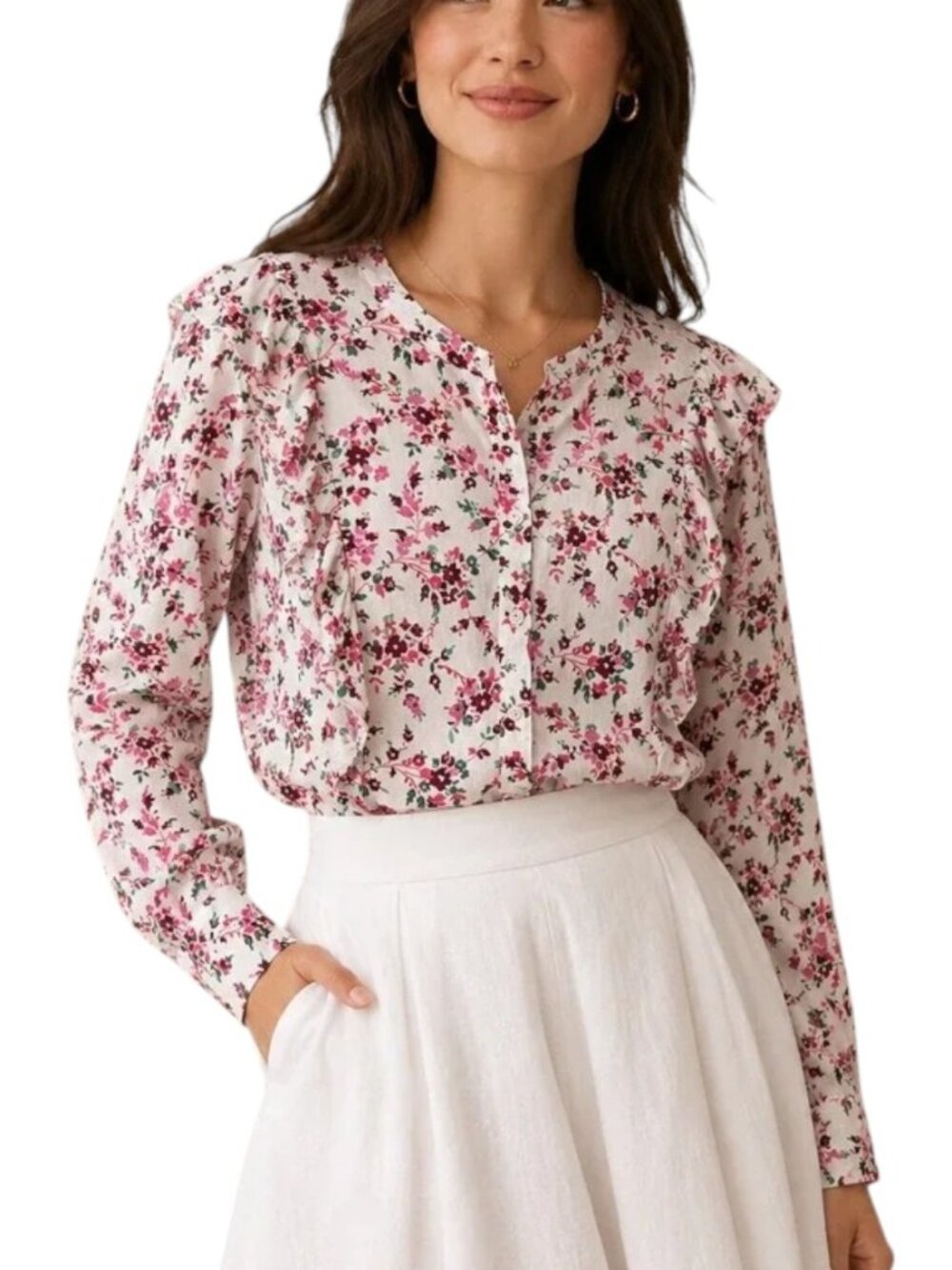 J.Crew Floral Split Neck Button Front Blouse Pink Ivory Long Sleeve